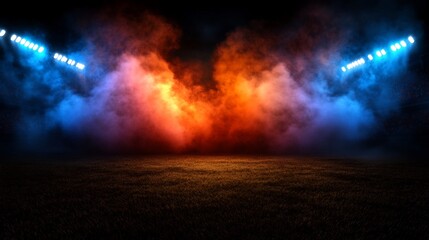 Fiery Stadium Night: Blue and Orange Smoke, Lit Field