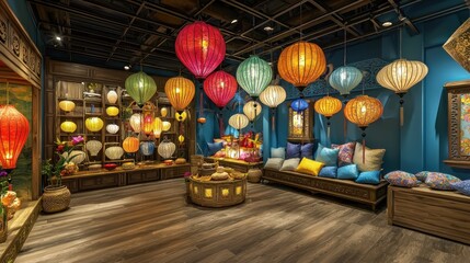 Colorful Lanterns Illuminate Asian Boutique Shop