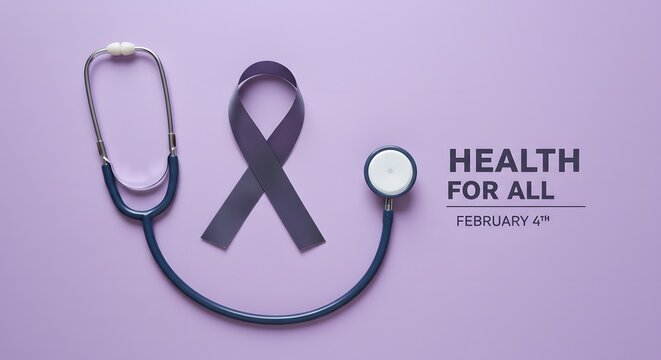 Ribbon with stethoscope promoting health for all on cancer awareness day symbolizing healthcare solidarity and advocacy for wellness and global prevention