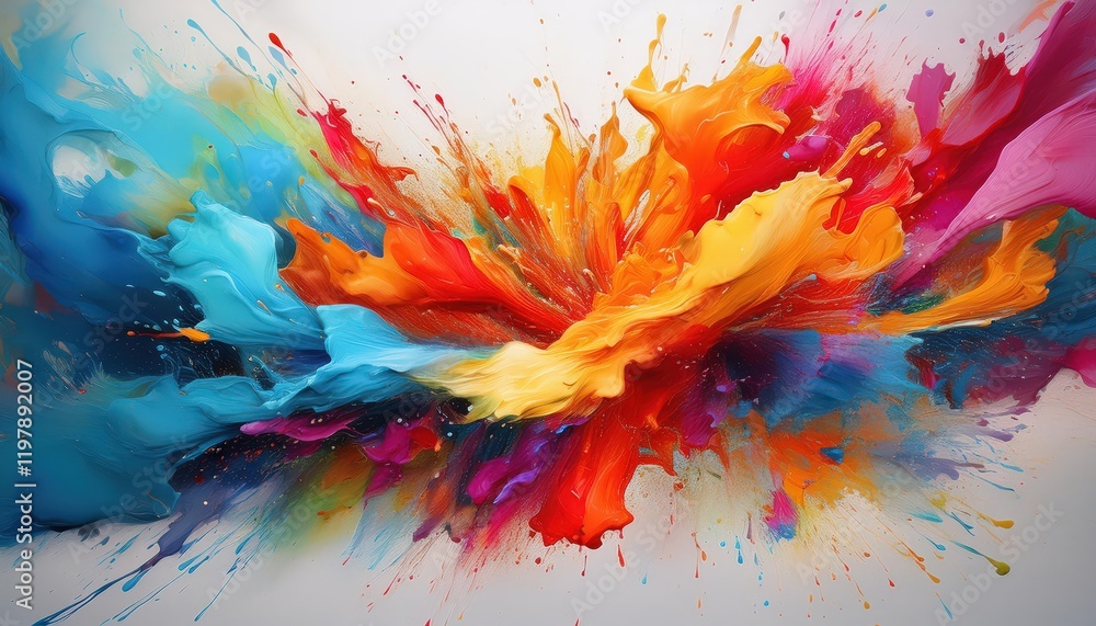 Poster vibrant abstract explosion of colors on white canvas a dynamic display of artistic expressivity