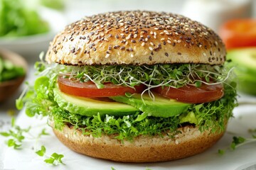 Delicious avocado, tomato, and alfalfa sprout sandwich on a multigrain bun.