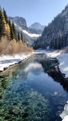 Naklejka premium Snowy Forest with River 