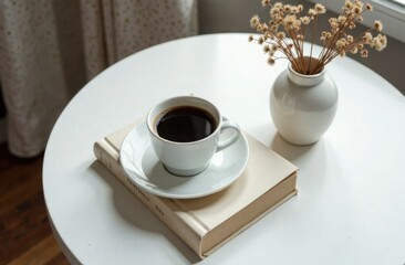 View from top to bottom, on a table in white shades is a cup of coffee on a saucer, next to it is a book, on the right is a small vintage vase with dried flowers,