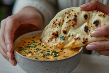 A person dips naan bread into a creamy, orange dip garnished with fresh herbs.