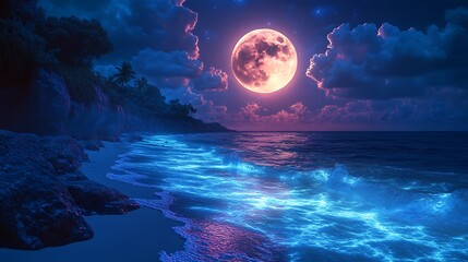 Moonlit ocean night serene beach waves high resolution hd image