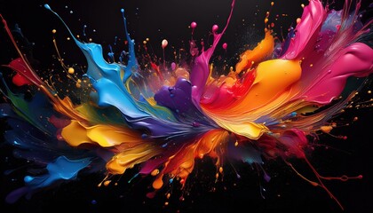 Vibrant and Expressive Artistic Exploration Colorful Paint Splashes against a Striking Black Background, Illuminated by Subtle Highlights.