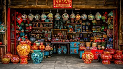 Asian market shop vibrant pottery street scene