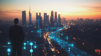 Abstract business man stands on the peak of success amid tall, innovative Smart city and graphs with statistics to analyze business potential and predict future developments in company growth.