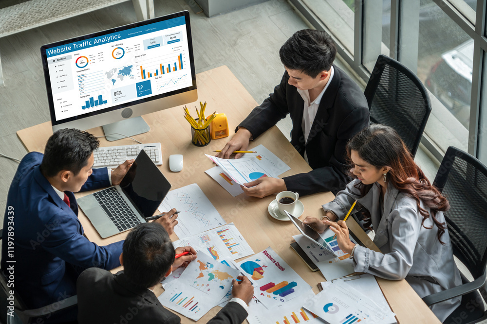 Poster computer software for website traffic analytics data on computer screen. concept of seo search engin