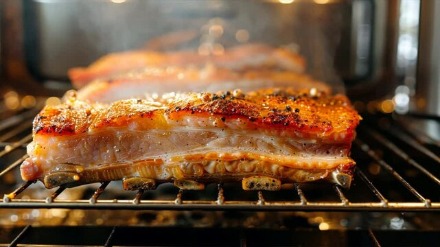 Savory crispy roasted pork belly cooking in oven, featuring golden skin and juicy meat, creates delicious aroma perfect for any special occasion.