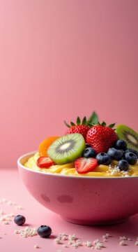 Bowl of fruit with a pink background