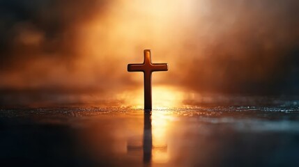 An upright religious crucifix cross arranged on a wooden table.