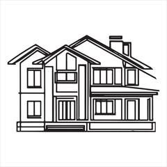 Continuous one line drawing residential country house. House against the backdrop of nature silhouette on white background
