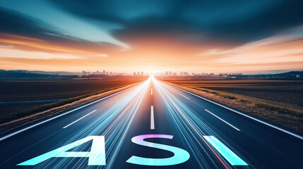 A road leads to an AI cityscape, symbolizing the singularity, artificial general intelligence, future progress, growth, and the evolution of advanced ASI superintelligence