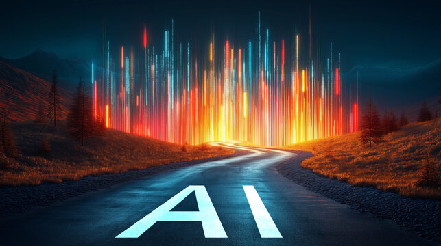 A road leads to an AI cityscape, symbolizing the singularity, artificial general intelligence, future progress, growth, and the evolution of advanced ASI super technology