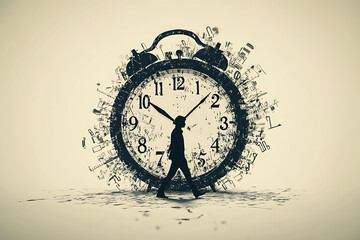 A creative illustration of time featuring a detailed clock surrounded by abstract elements symbolizing the passage of time, such as flowing lines, gears, and fading numbers