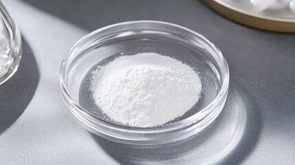 A glass bowl contains a white powder.