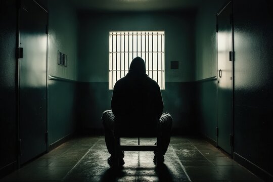 A hacker sits inside a dimly lit prison cell, isolated from the outside world.