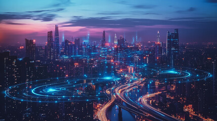 Fototapeta premium Abstract business man stands on the peak of success amid tall, innovative Smart city and graphs with statistics to analyze business potential and predict future developments in company growth.