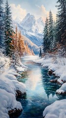 Snowy Forest with River
