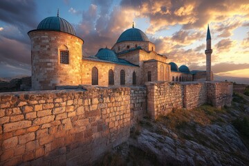 Photo of the Nubian Mosque, building in the center is an ancient stone mosque, under a blue sky with clouds at sunset. 