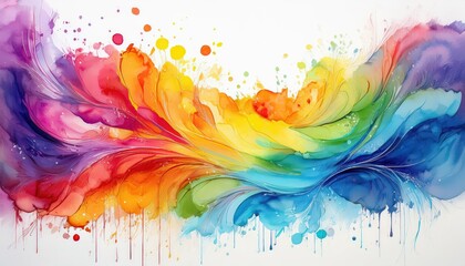 Vibrant and Whimsical Watercolor Rainbow Painting, Showcasing Artistic Watercolor Splashes and Bold Colors Against a Minimalist White Backdrop