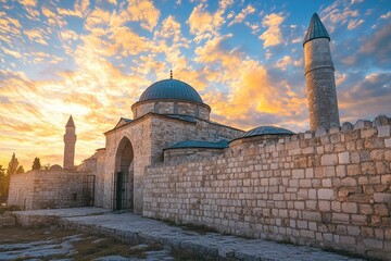Photo of the Nubian Mosque, building in the center is an ancient stone mosque, under a blue sky with clouds at sunset. 