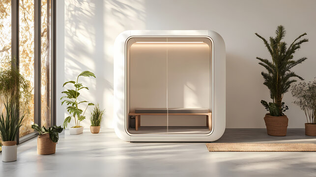 Minimalist white and gray language lab booth with textured wall and natural light, ideal for education and learning environments generative ai. Stormfall. Illustration