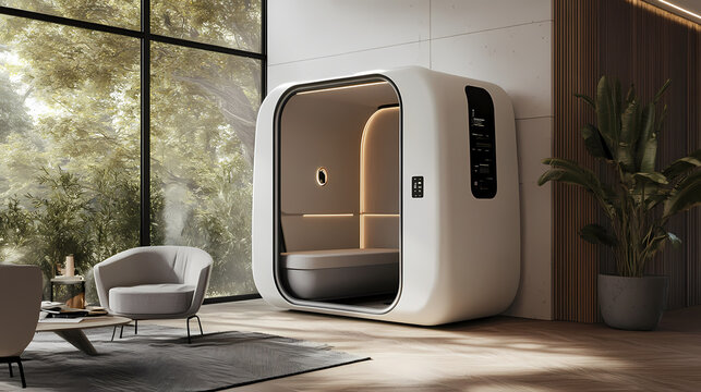 Minimalist white and gray language lab booth with textured wall and natural light, ideal for education and learning environments generative ai. Stormfall. Illustration