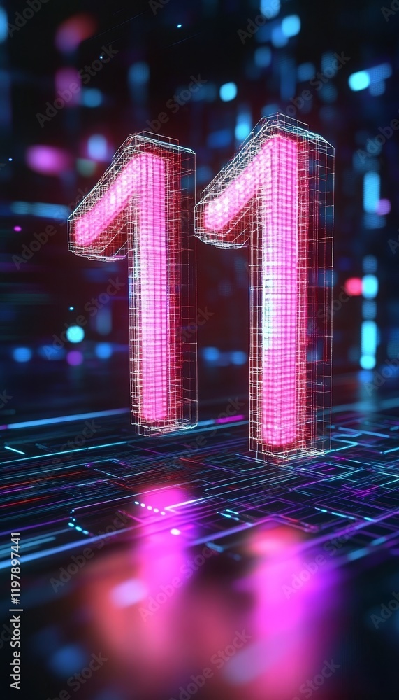 Poster glowing 3d number 11 with futuristic design rendered on a abstract digital technology background