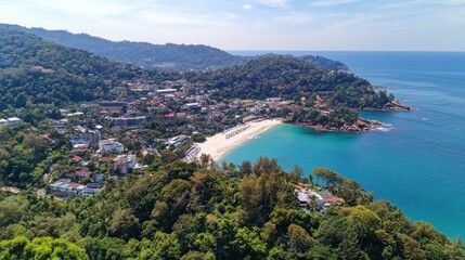 Naklejka premium Aerial view Tropical beach, turquoise water, hillside town, lush forest, vacation tourism