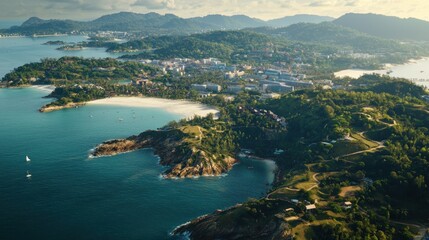 Fototapeta premium Aerial view Island coast, beach, town, boats, sunset, travel brochure