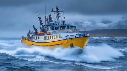 Yellow Ship Sailing Through Rough Ocean Waves