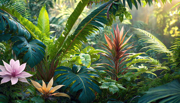 Notanical herbal exotic tropical plants herbs flowers botanical foliage background nature jungle lanfscape.
