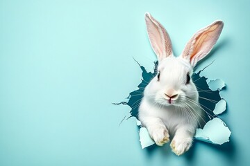 Obraz premium Cute White Easter Bunny Peeking Through a Torn Pastel Blue Paper Hole, Spring Festive Holiday Theme