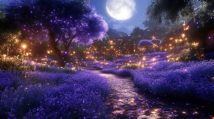 Obraz premium Magical Night Village Lavender Stream Moonlit Scene