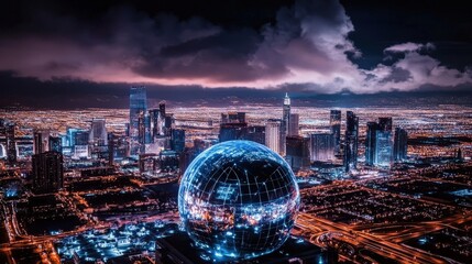 The heart of the city shines at night, featuring a prominent glowing orb.