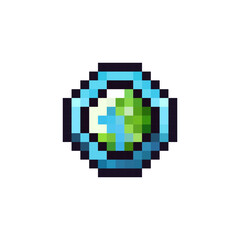 Pixel icon of planet earth. Earth ecology icon in pixel style. Earth globe in 8 bit style. Simple pixel icon of earth circle.