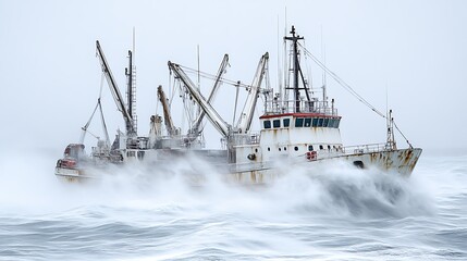 Fishing Vessel Battling Powerful Ocean Waves In Stormy Seas