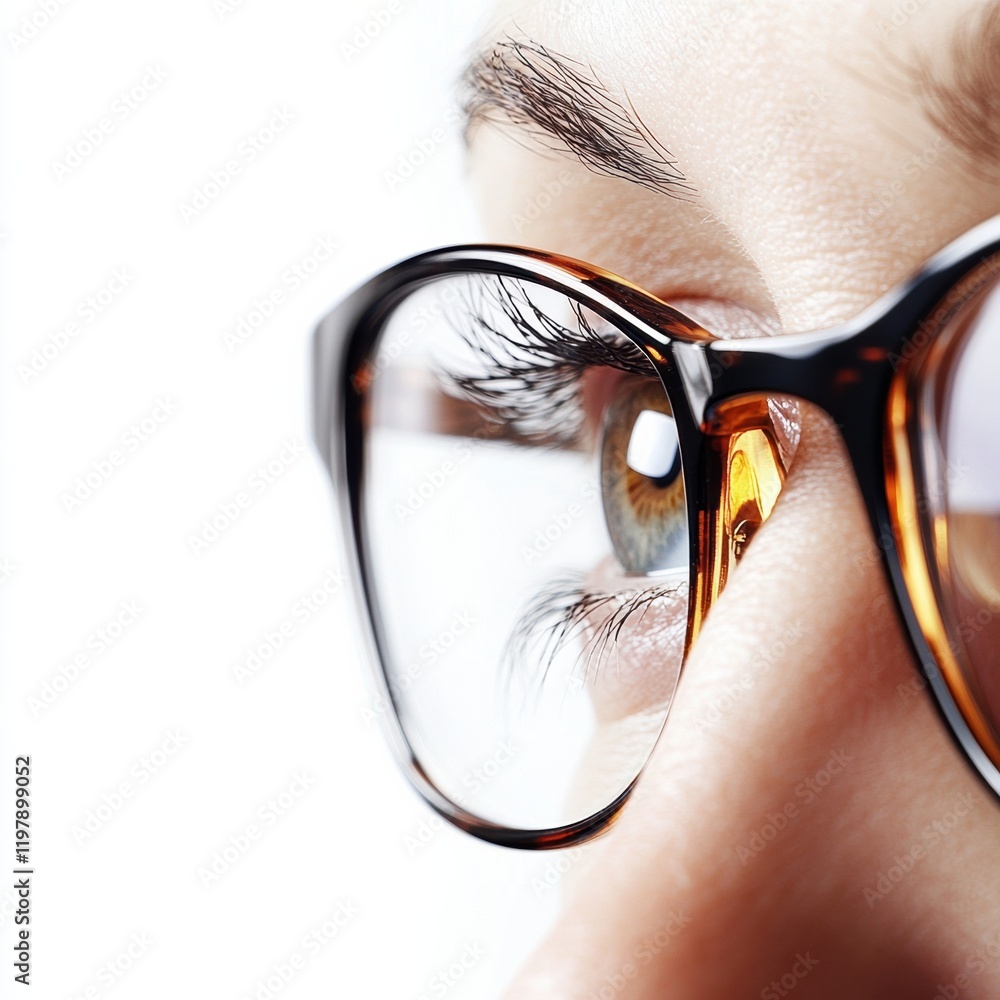 Poster close up view of a human eye with glasses highlighting fine details of the iris and eyelashes under 