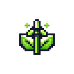Fototapeta premium Pixel green wind turbine vector. Windmill icon with green leaves ecology symbol. alternative energy sources wind in pixel style. Wind turbine with leaves green energy logo.