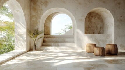 A Tranquil Oasis:  Sunlight streams through arched windows, illuminating a minimalist interior space with natural elements and a serene atmosphere.