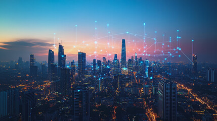 Fototapeta premium Abstract business man stands on the peak of success amid tall, innovative Smart city and graphs with statistics to analyze business potential and predict future developments in company growth.