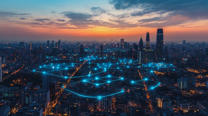 Fototapeta premium Abstract business man stands on the peak of success amid tall, innovative Smart city and graphs with statistics to analyze business potential and predict future developments in company growth.