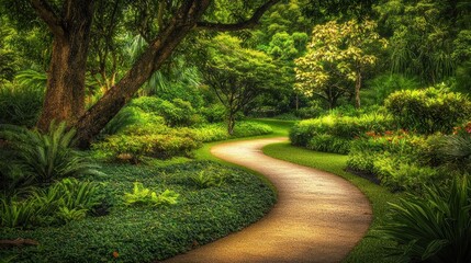 Fototapeta premium Winding path, lush garden, tranquility, nature, background foliage, relaxation, brochure