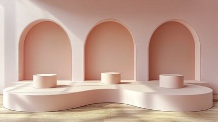 Minimalist Product Display: An elegant and minimalist product display featuring three cylindrical platforms nestled within three arched niches, bathed in soft, natural light.