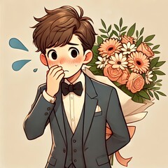 Cartoon Boy in Suit with Roses