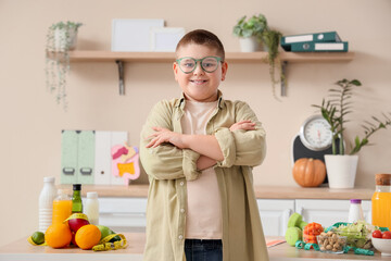Overweight boy at nutritionist's office. Diet concept