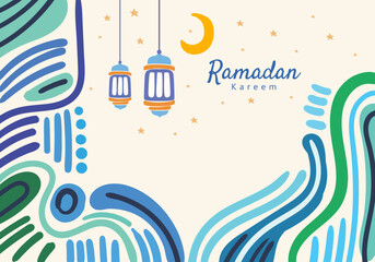 Abstract illustration of colorful Ramadan Kareem, crescent moon, hanging lanterns and decorative patterns