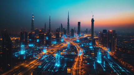 Fototapeta premium Abstract business man stands on the peak of success amid tall, innovative Smart city and graphs with statistics to analyze business potential and predict future developments in company growth.